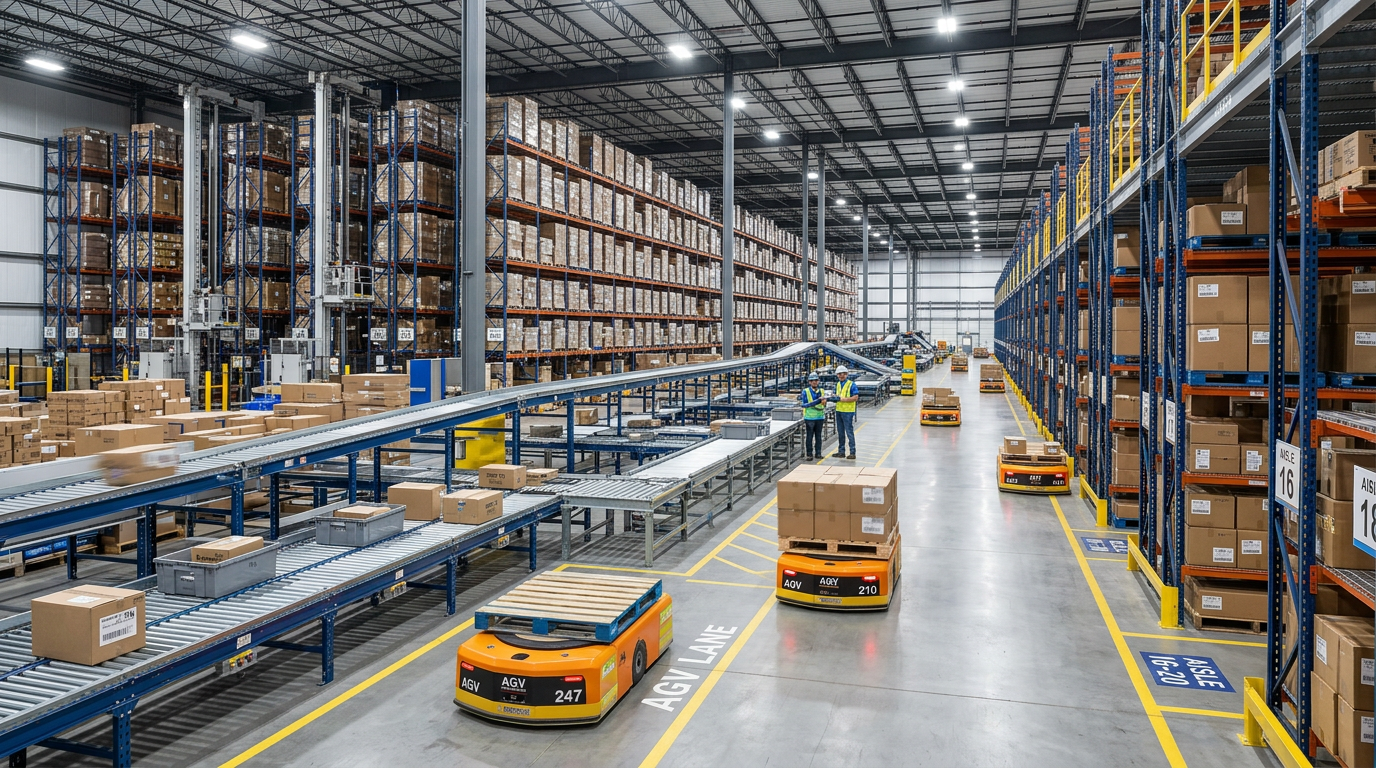 Automated warehouse with AGV systems