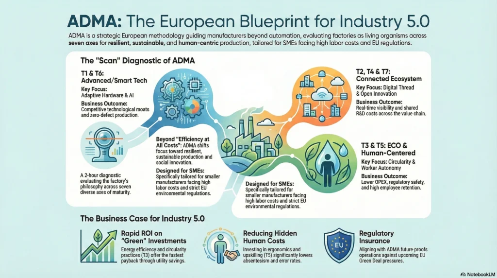 ADMA: The European Blueprint for Industry 5.0," outlining the seven transformation axes for SMEs, focusing on human-centric production, sustainability (ESG), and digital resilience.