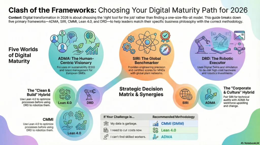 Infographic titled "Clash of the Frameworks," comparing five digital maturity paths for 2026: ADMA, SIRI, CMMI, Lean 4.0, and DRD. It features a strategic decision matrix for digital transformation in manufacturing.