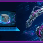 A high-tech digital twin simulation on a laptop screen next to a wireframe industrial robotic arm, representing AI-driven manufacturing and smart factory automation.