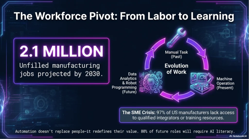 Infographic "The Workforce Pivot: From Labor to Learning" showing a projection of 2.1 million unfilled manufacturing jobs by 2030 and the evolution of work from manual tasks to robot programming and AI literacy.