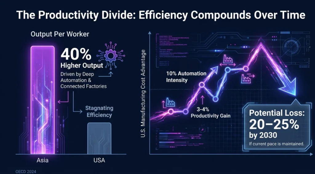 Infographic titled "The Productivity Divide: Efficiency Compounds Over Time" comparing output per worker in Asia vs USA, showing 40% higher output in Asia and a potential 20-25% manufacturing cost loss for the US by 2030.