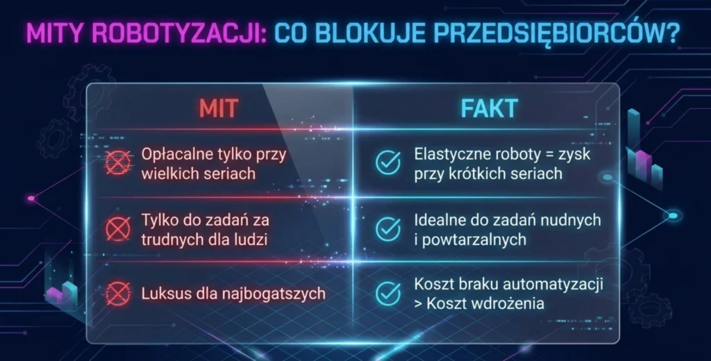 Infographic titled "Robotics Myths: What Blocks Entrepreneurs?" comparing common misconceptions like high costs and large-scale requirements with facts about flexible robots, repetitive tasks, and the cost of non-automation.