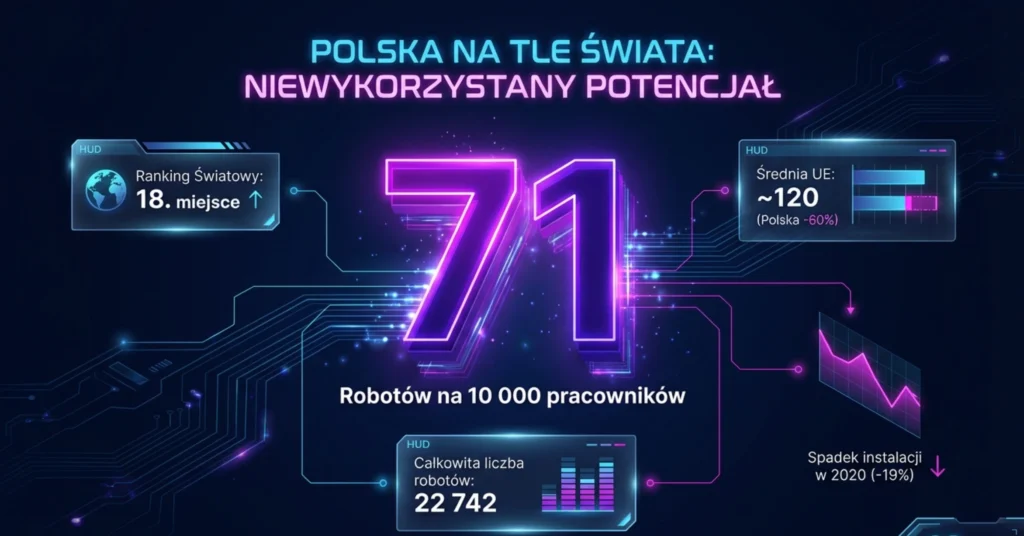Infografika "Polska na tle świata: Niewykorzystany potencjał" pokazująca gęstość robotyzacji w Polsce na poziomie 71 robotów na 10 000 pracowników, co stanowi 60% średniej unijnej wynoszącej 120.