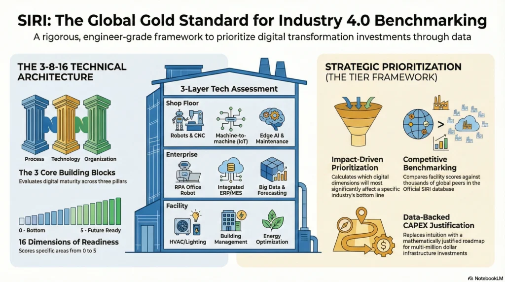 Infografika zatytułowana „SIRI: globalny złoty standard”, ilustrująca architekturę techniczną 3-8-16, trójwarstwową ocenę technologiczną (hala produkcyjna, przedsiębiorstwo, obiekt) oraz strategiczny lejek priorytetów dla Przemysłu 4.0.