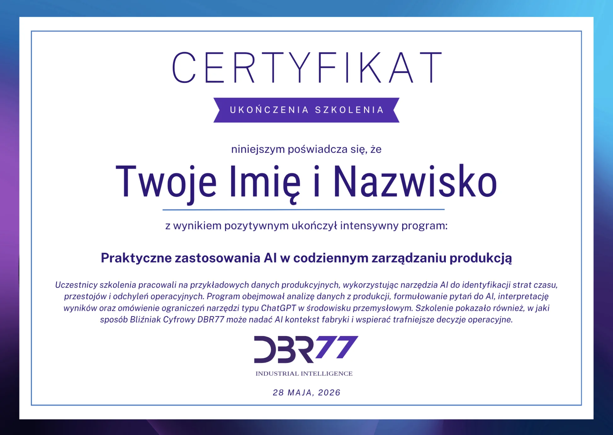 Przykładowy certyfikat DBR77 AI Tour
