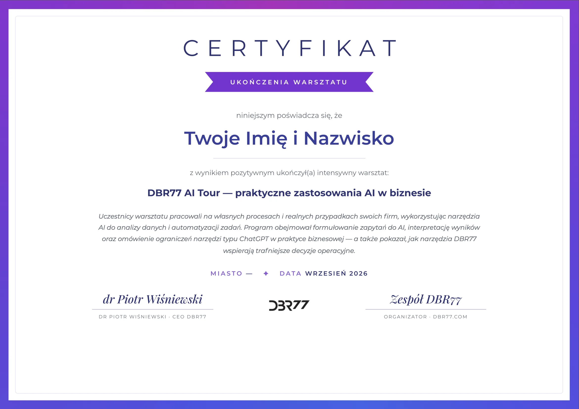 Przykładowy certyfikat DBR77 AI Tour